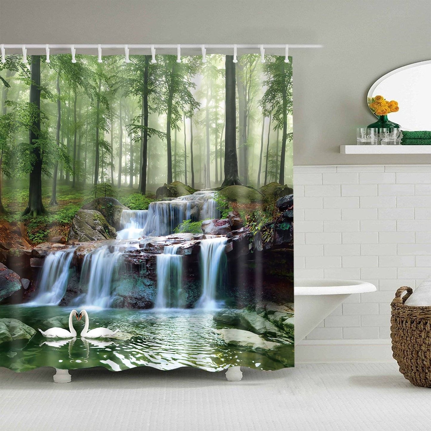 Natural Peaceful Forest Forest Swan Landscape Waterfall Shower Curtain