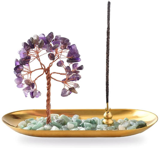 Crystal Tree Incense Holder for Sticks Natural Gem Incense Burner with Golden Tray