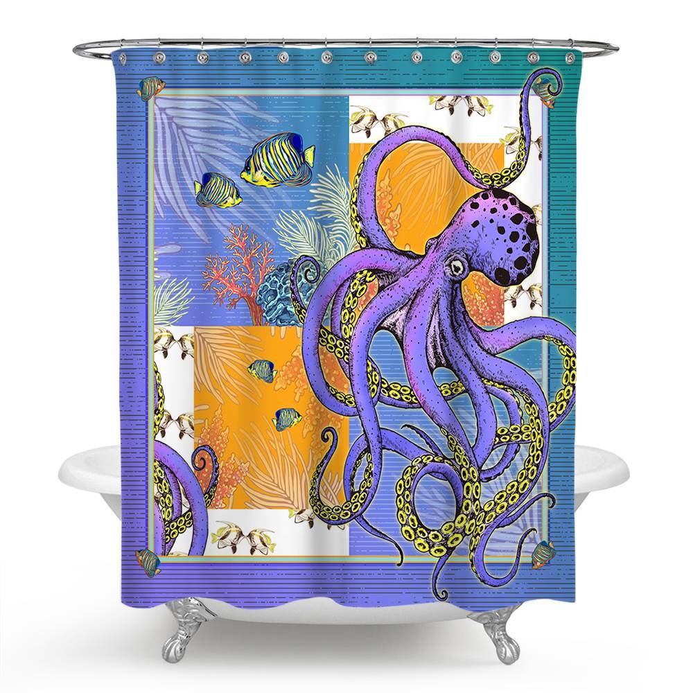 Purple Octopus and Coral Shower Curtain | Octopus and Coral Bathroom Curtain