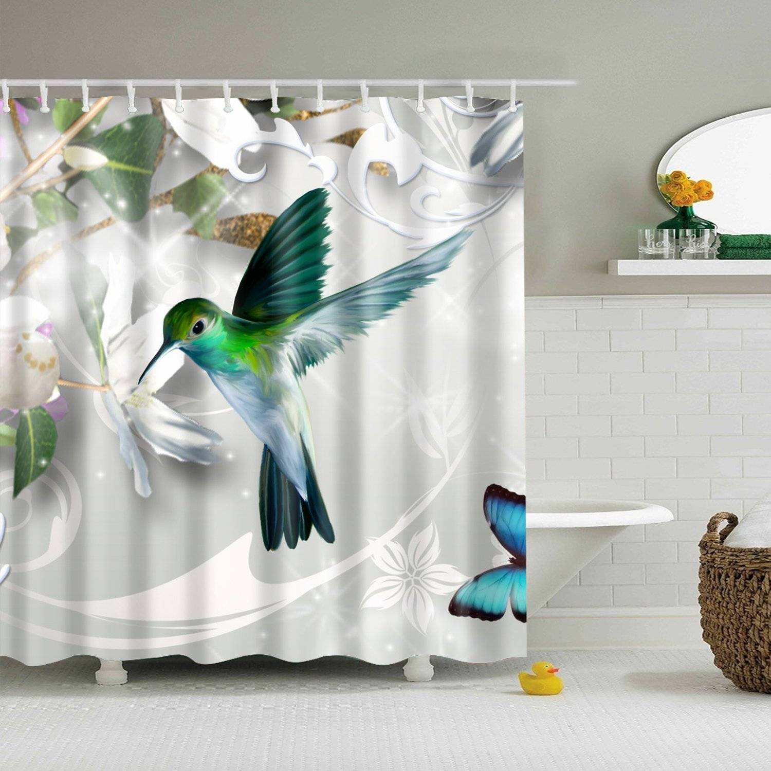 Bird Collecting Nectar Emerald Hummingbird Shower Curtain