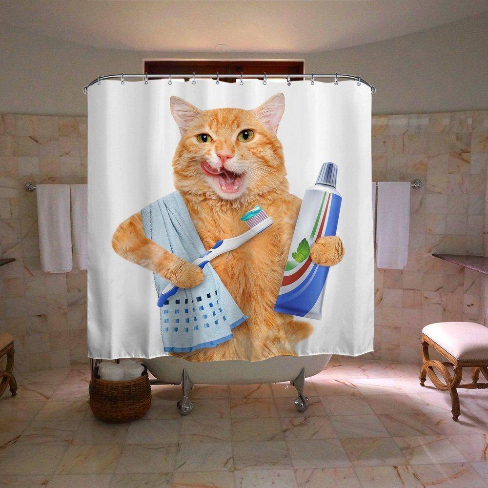Funny Brushing Anthropomorphize Cat Shower Curtain