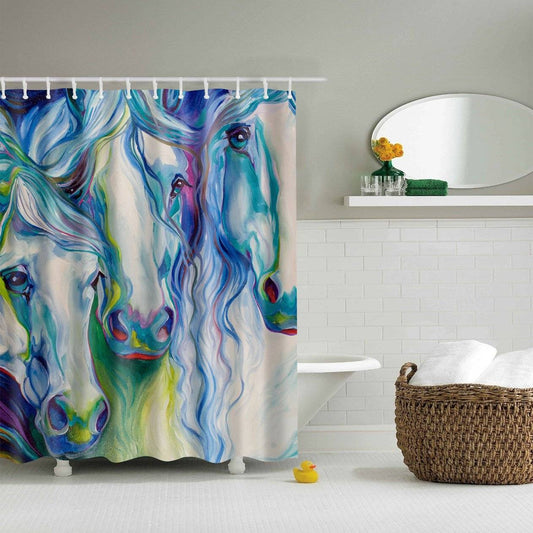 Blue Hand Painting Silky Horsehair Horse Shower Curtain