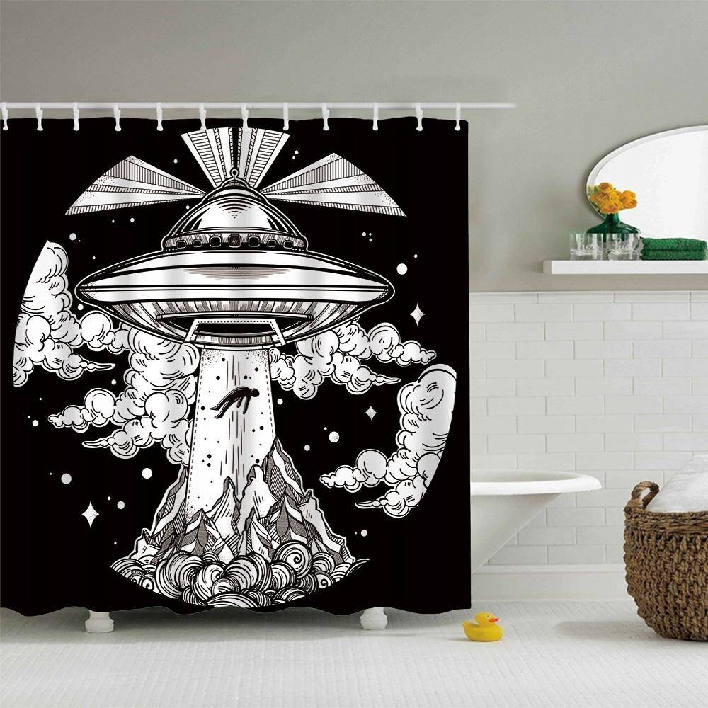 Black White Style Fantasy Alien Spaceship UFO Shower Curtain