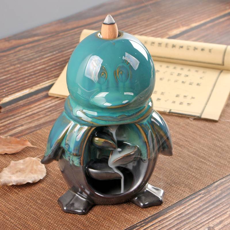 Green Glaze Ceramic Penguin Backflow Incense Burner