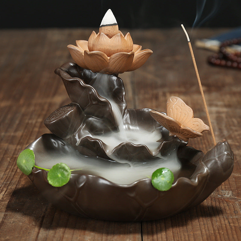 Butterfly with Lotus River Zen Waterfall Incense Burner