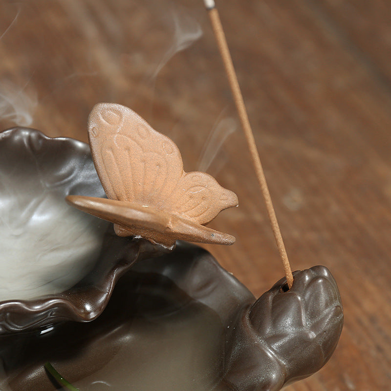 Butterfly with Lotus River Zen Waterfall Incense Burner