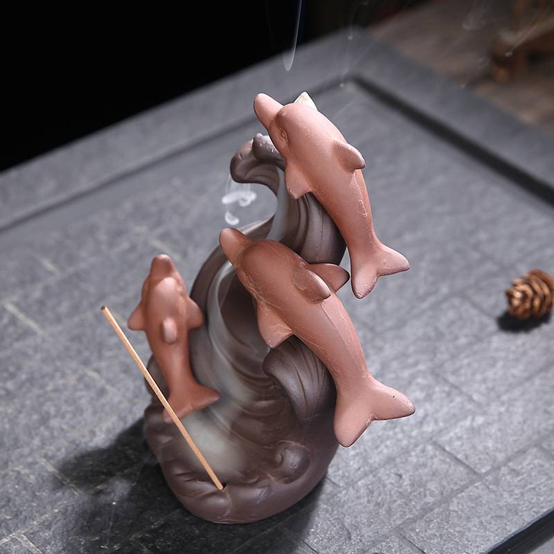 Three Dolphins Playing Backflow Incense Burner with Incense Stick Holder