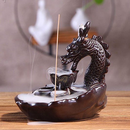 Lotus Dragon Waterfall Incense Burner with Incense Stick Holder