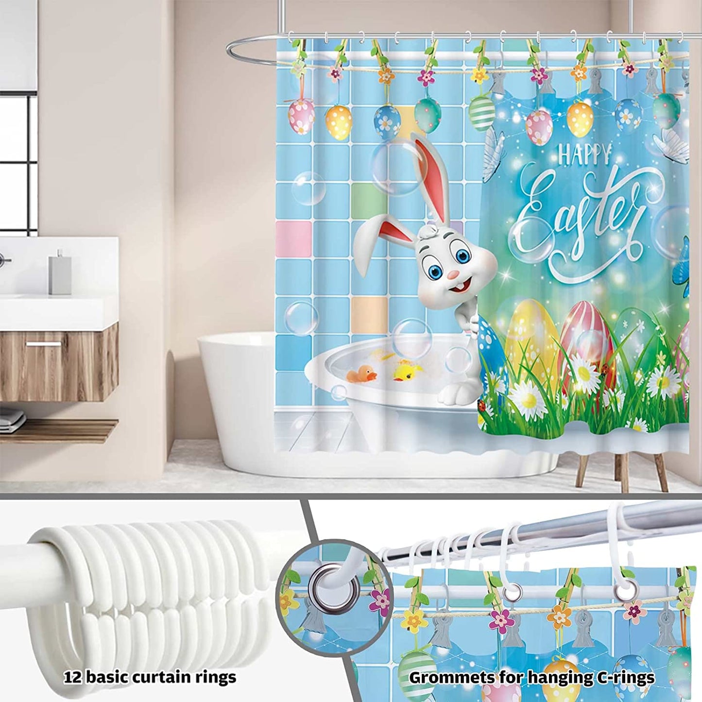 Easter Bath Bunny Shower Curtain, Cartoon Happy Bath Bunny Easter Eggs Bathroom Curtain