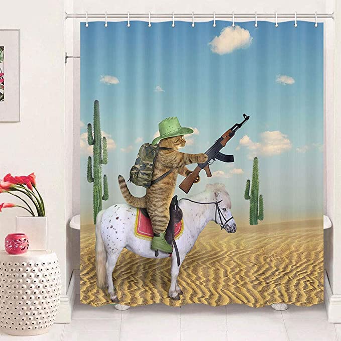 Fantasy Cat Soldier Conquer Dessert Cat Riding Horse Shower Curtain