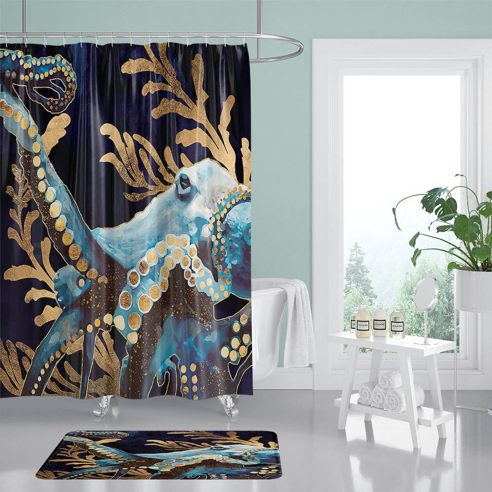 Blue Gold Octopus Shower Curtain | Blue Gold Octopus Bathroom Curtain