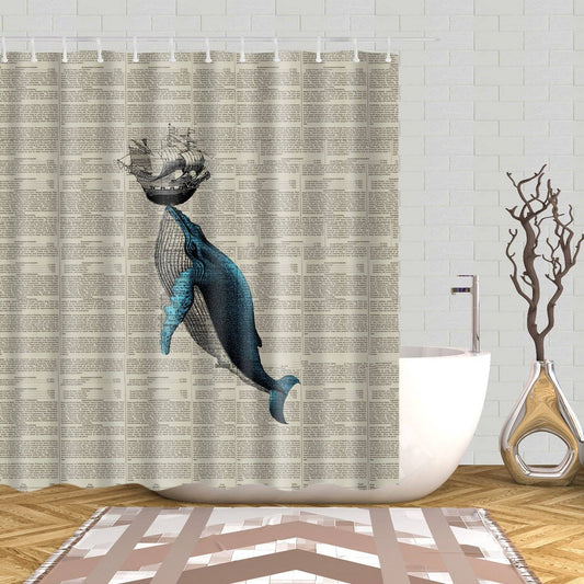 Retro Newsprint Carrying A Sailboat Whale Shower Curtain