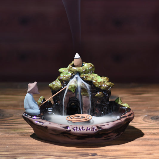 Fishing Boat Waterfall Ceramic Backflow Incense Burner Landscape of Guilin