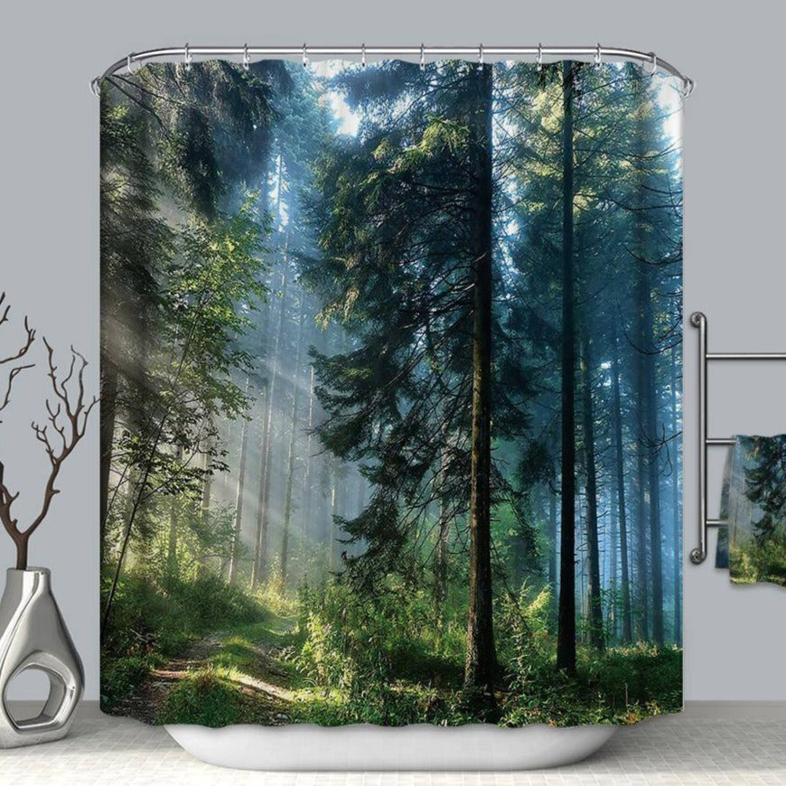 Peaceful Nature Green Trees Tyndall Effect Forest Scene Shower Curtain