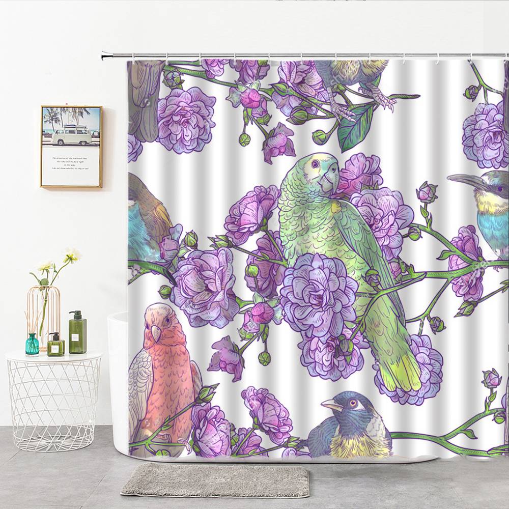 Purple Flowers Magpie  parrot Shower Curtain | Bird Parrot Bathroom Curtain