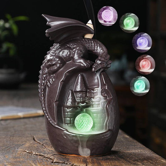 Egg-shaped Castle Winged Dragon Backflow Incense Burner with LED Light Ball