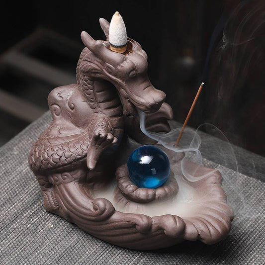Dragon Backflow Incense Burner with LED Lights Ball on Pond Crafts