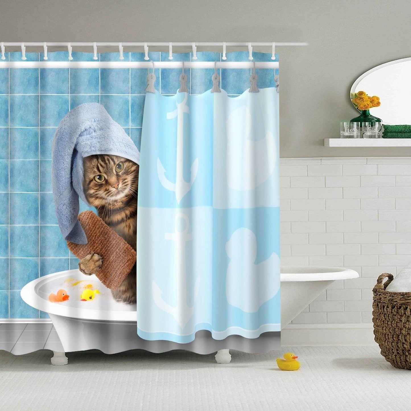 Funny Bathing Cat Lady Shower Curtain