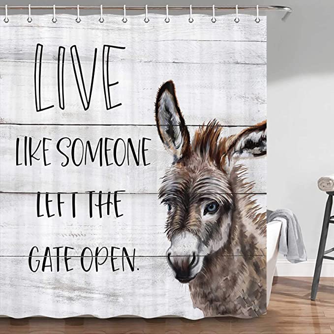 White Barn Wall with Inspirational Text Donkey Shower Curtain