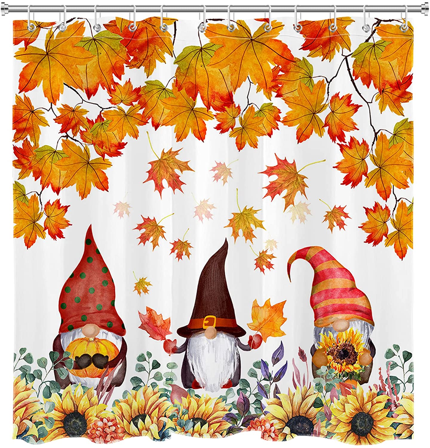 Autumn Scenery Golden Maple Leaves Sunflowers Three Gnomes Shower Curtain