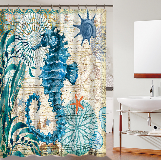 Ocean Style Blue Marine Organisms and Seahorse Shower Curtain