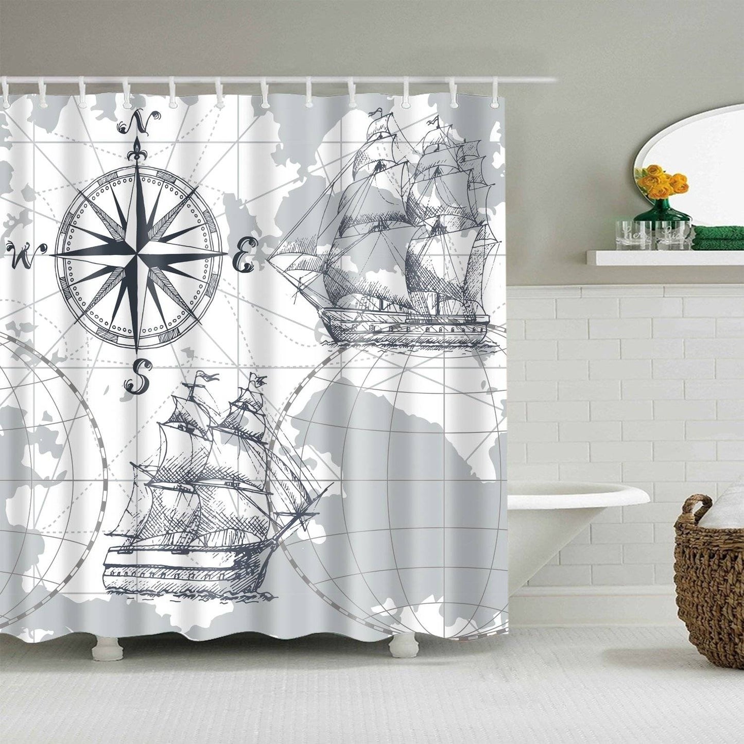 Nautical Map Compass Sailboat Shower Curtain