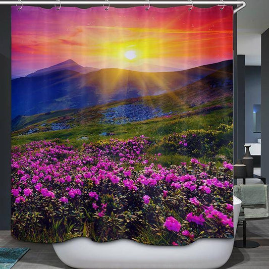 Sunrise Flower Field Distant Mountain Landscape Azalea Shower Curtain