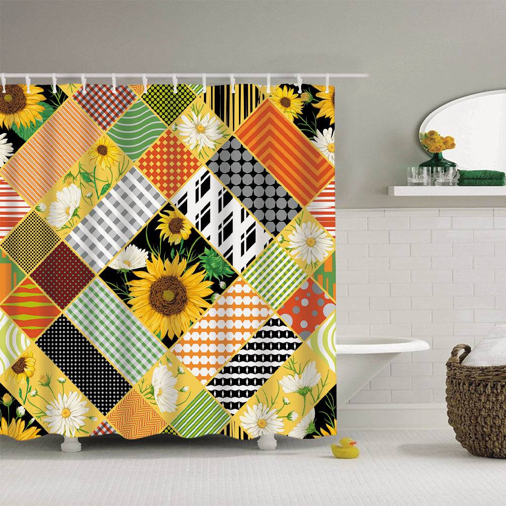 Geometric Plaid Style Sunflower Shower Curtain