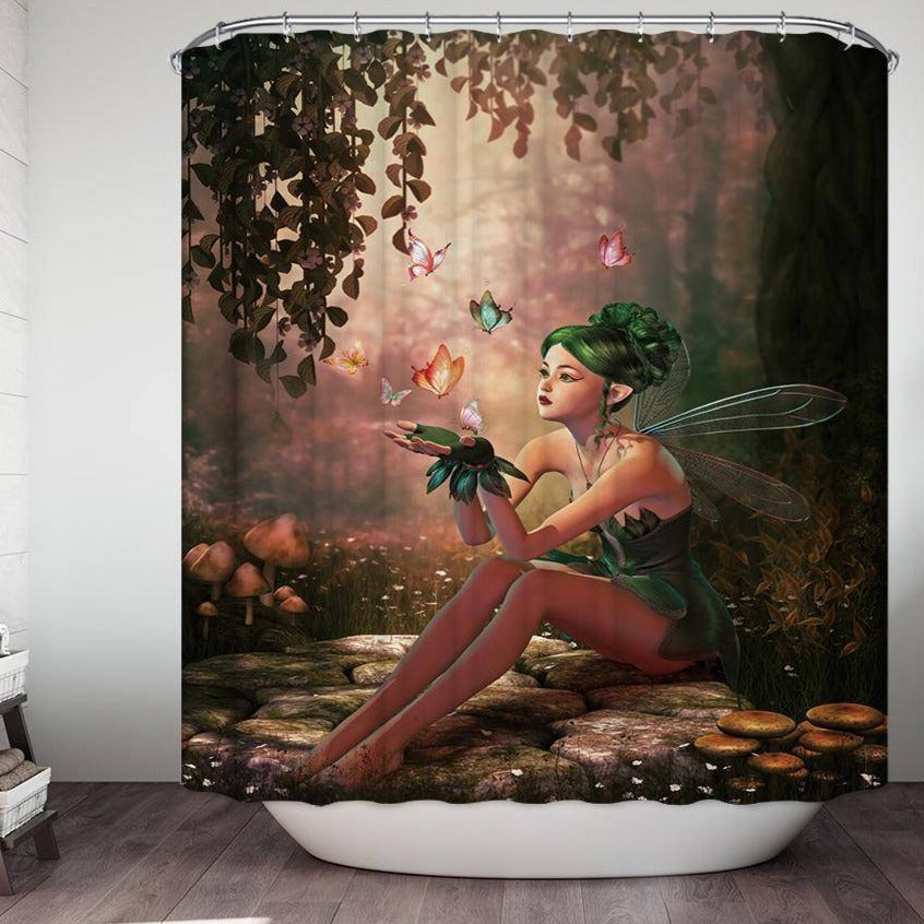 Sunset Forest Playing Butterflies Magical Green Fairy Shower Curtain