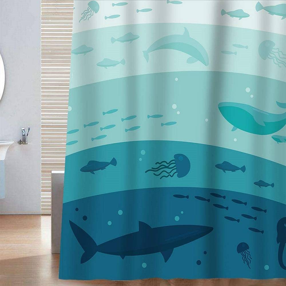 Ocean Creatures Fish Shadow Vertical Structure Sea Animal Shower Curtain | Ocean Creatures Bathroom Curtain