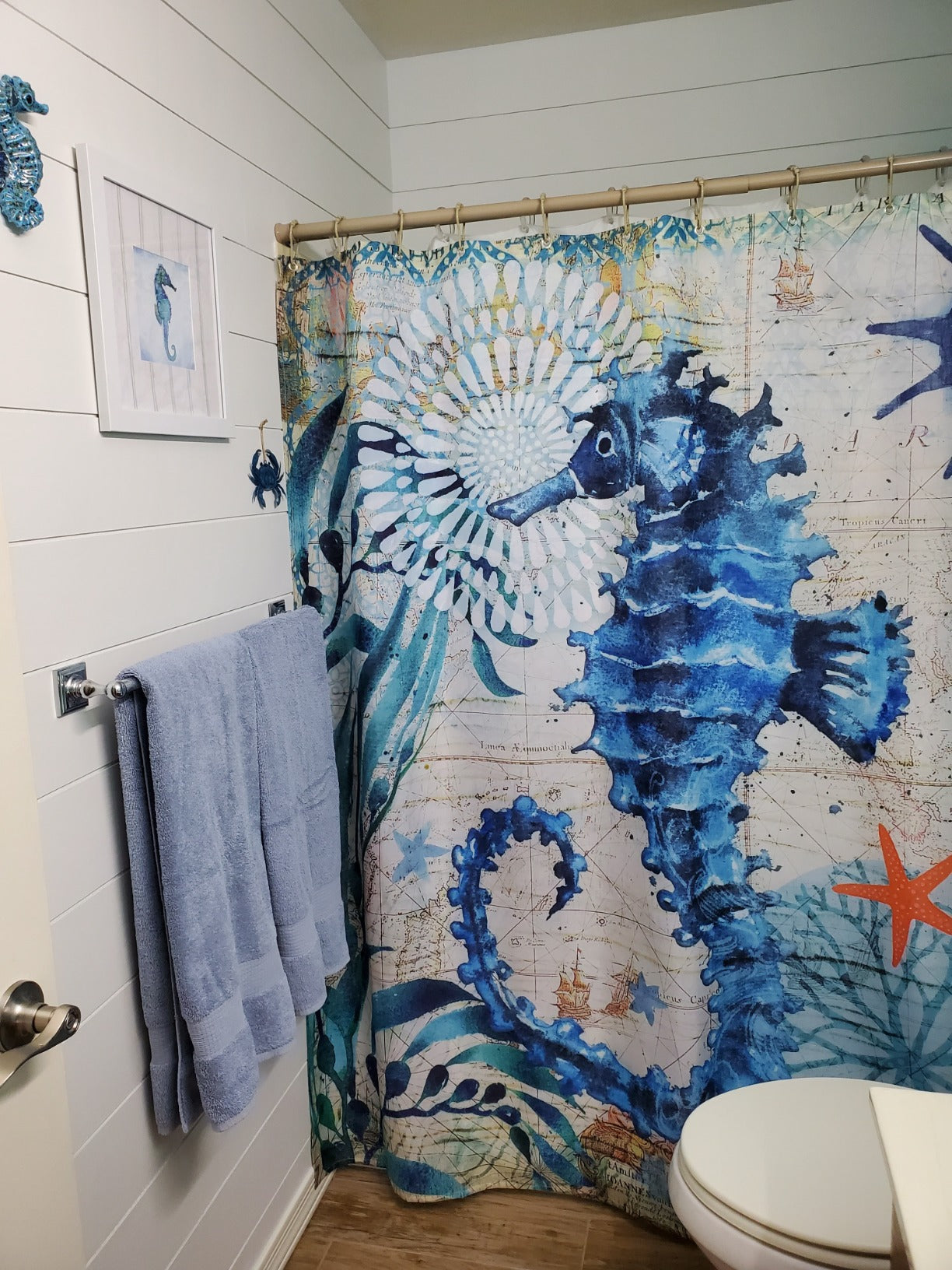Ocean Style Blue Marine Organisms and Seahorse Shower Curtain