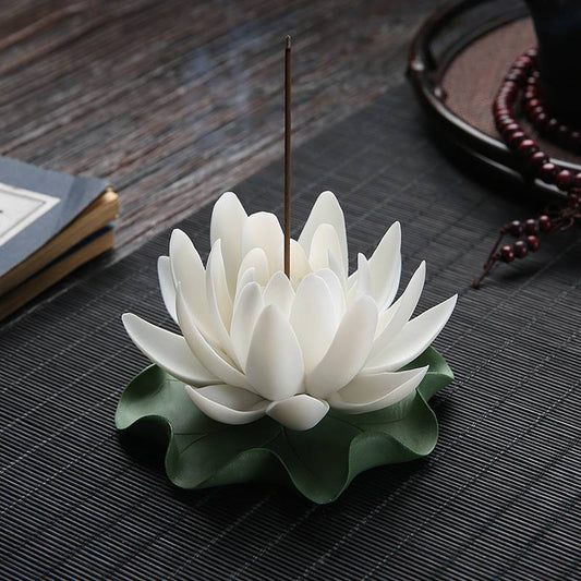 Chaste Lotus on Leaf Single Hole Incense Stick Holder Cearmic Zen Craft