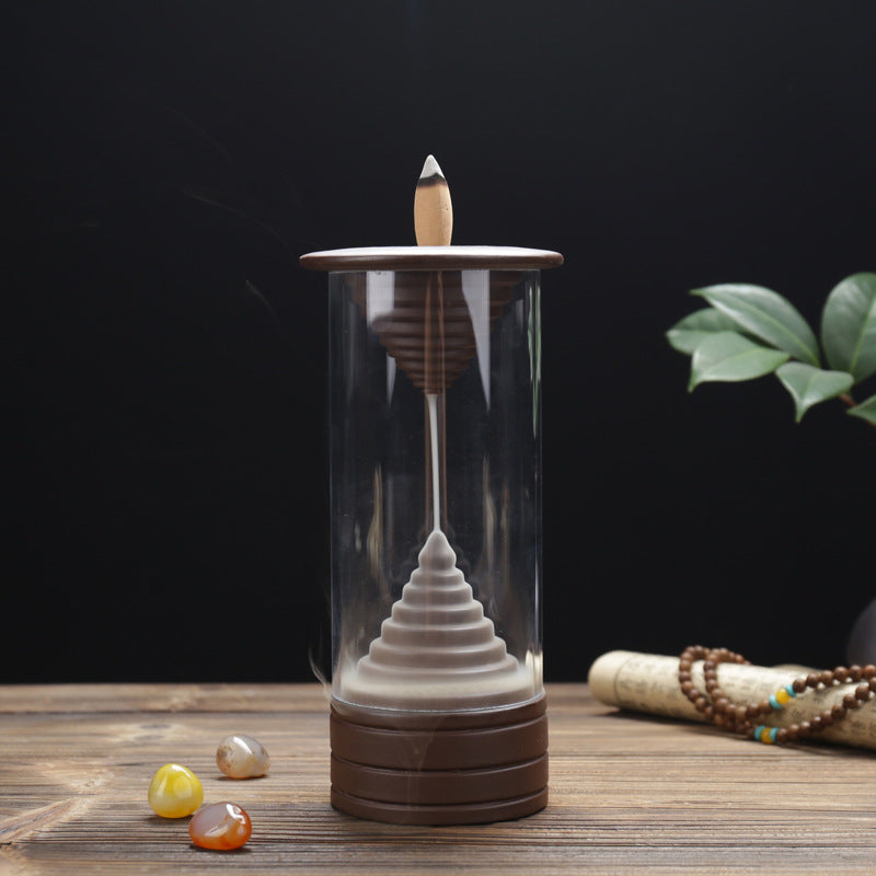 Symmetric Stair Cone Backflow Incense Burner with Windproof Acrylic Hood Cylindrical Shape Burner