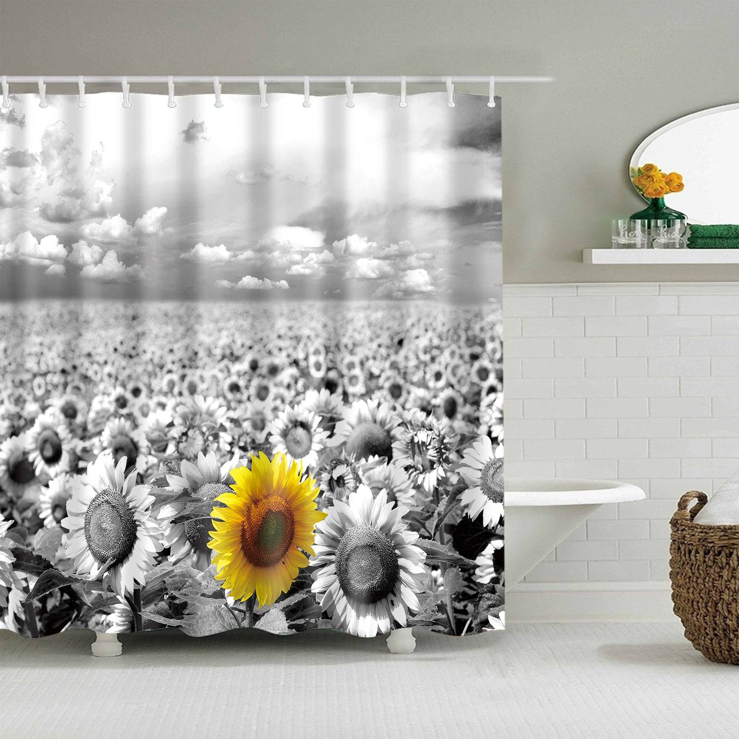 Mono Black and White Sunflower Shower Curtain | Mono Sunflower Shower Curtain