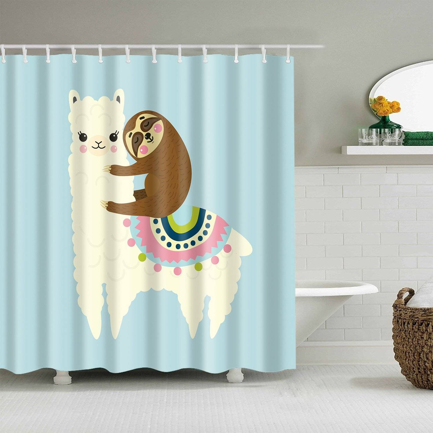 Cartoon Cute Animal Sloth Riding Llama Shower Curtain