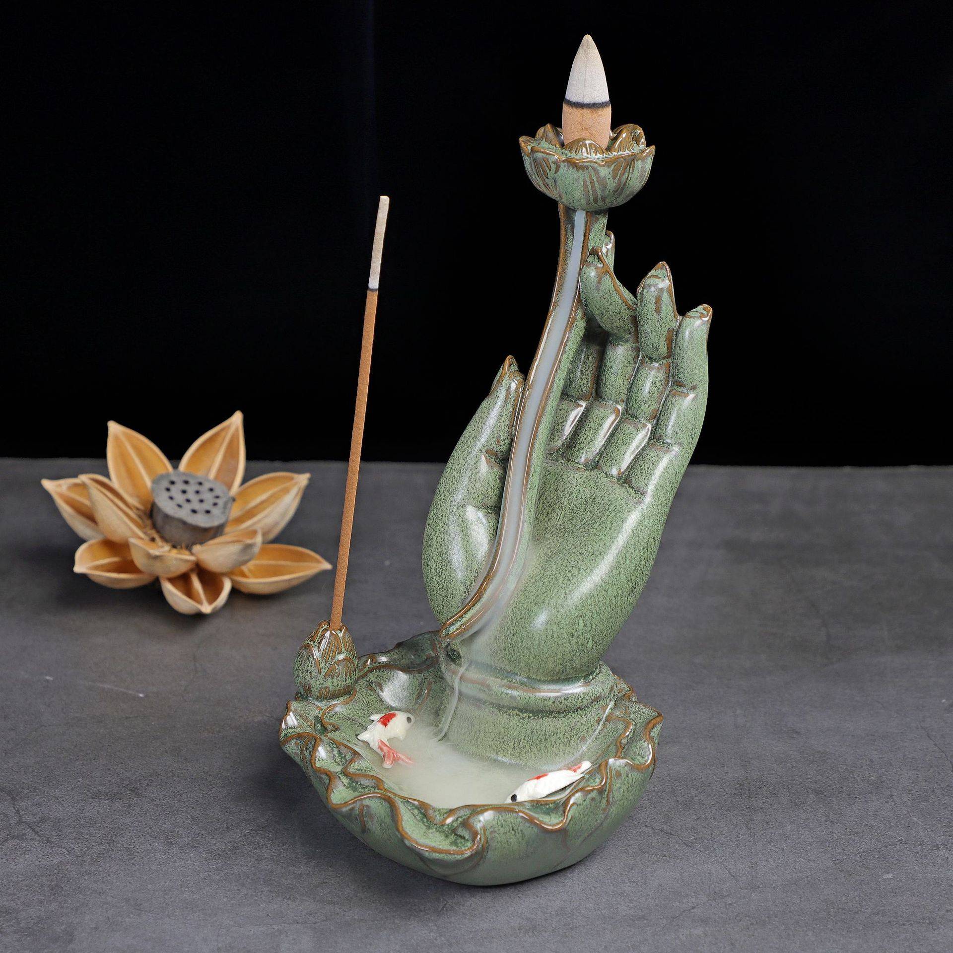 Buddha Hand And Lotus Backflow Incense Burner With LED – Lucky Incense