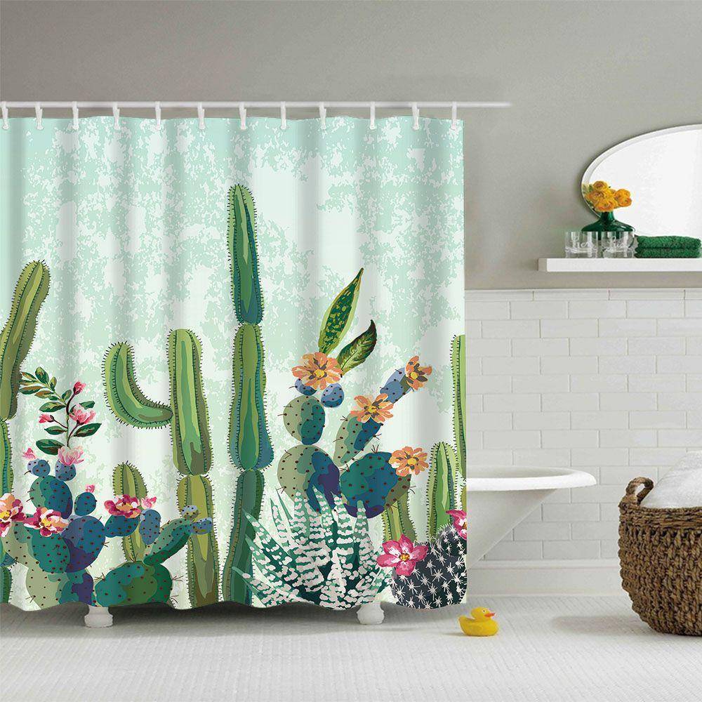Hand Painting Style Green Plant Sansevieria Cactus Shower Curtain