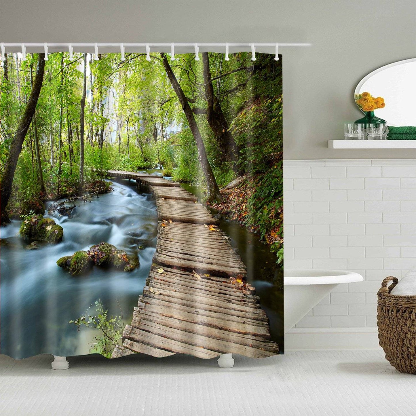 Along The Stream Green Forest Peaceful Nature Wooden Path Shower Curtain