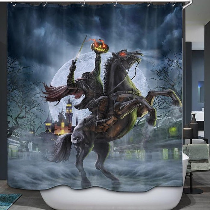 Gothic Night Creepy Pumpkin Halloween Headless Rider Shower Curtain