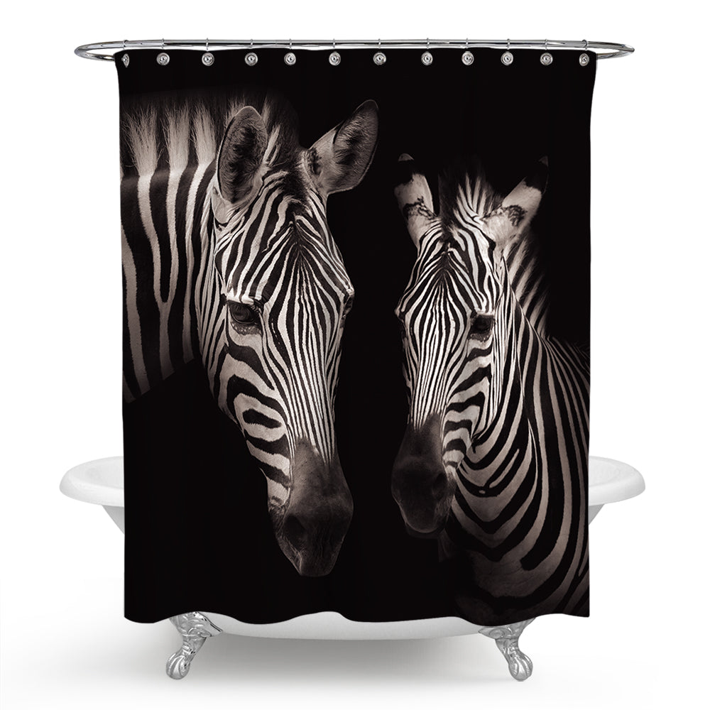 Black Backdrop Zebra Couples Shower Curtain | Zebra Bathroom Curtain