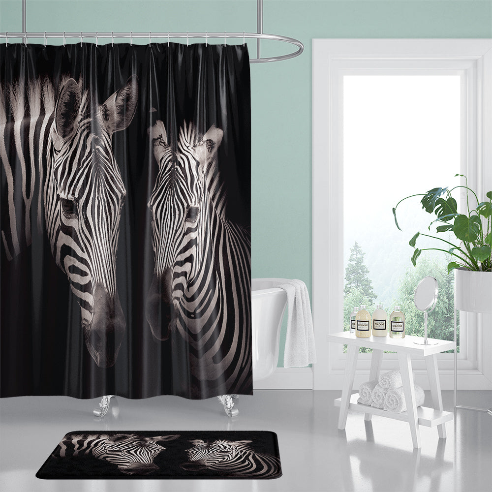 Black Backdrop Zebra Couples Shower Curtain | Zebra Bathroom Curtain