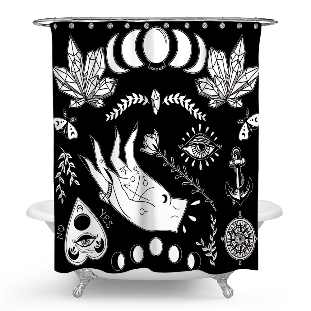 Black Gothic Wiccan Palmistry Shower Curtain | Gothic Wiccan Palmistry Bathroom Curtain