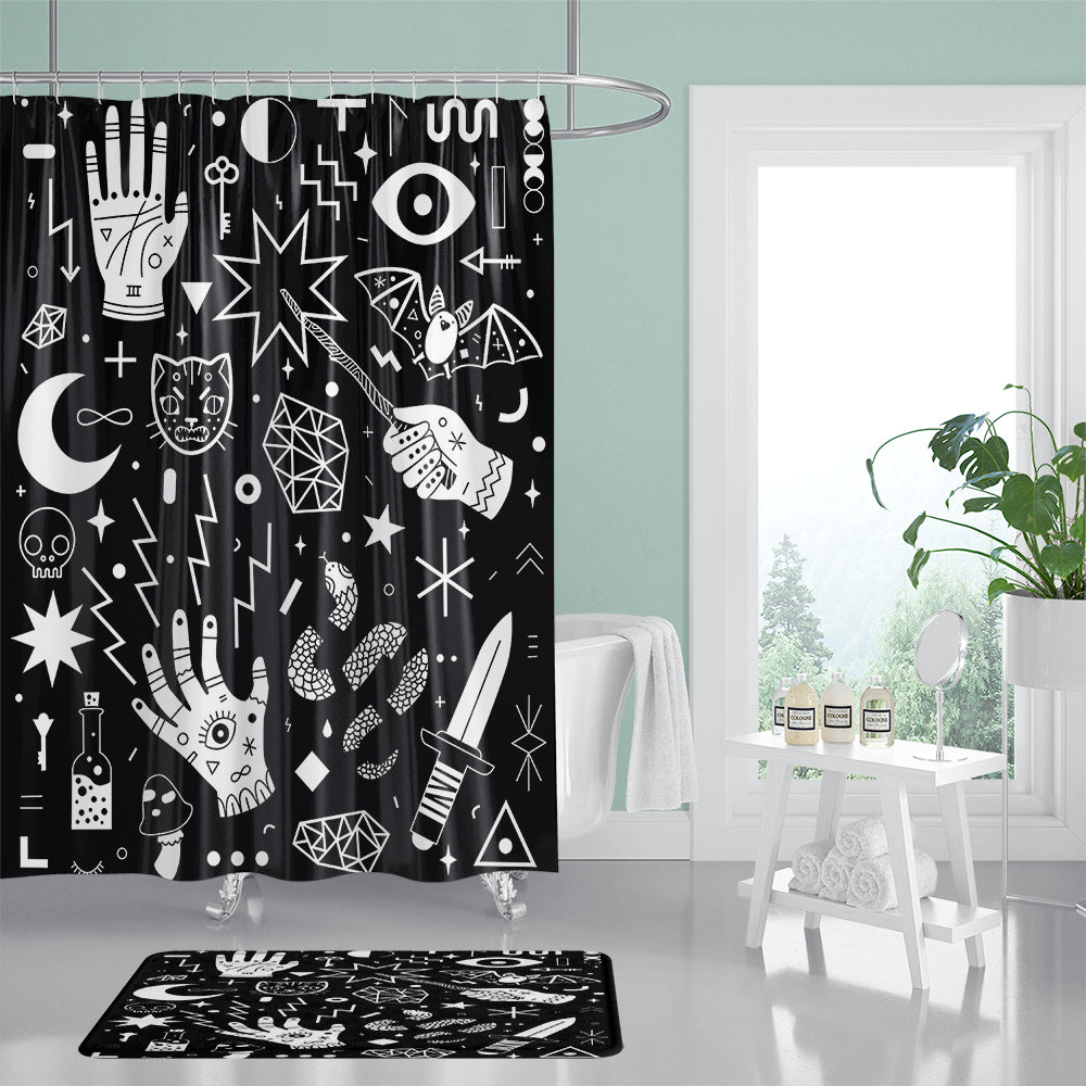 Black Goth Witchcraft Palmistry Psychic Shower Curtain | Wiccan Palmistry Bathroom Curtain