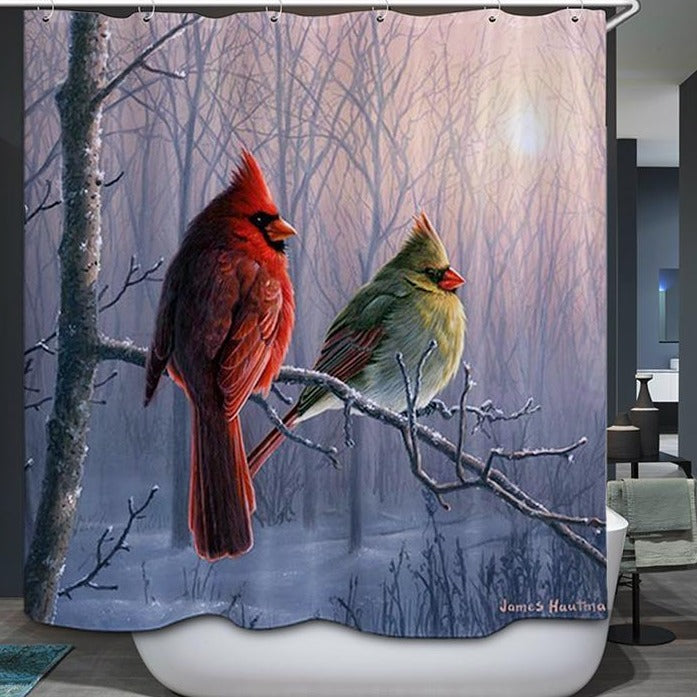 Winter Forest Morning Red Birds Couple Cardinal Shower Curtain