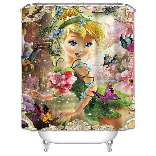 Cartoon Tale Fairy Butterfly Flowers Tinker Bell Shower Curtain