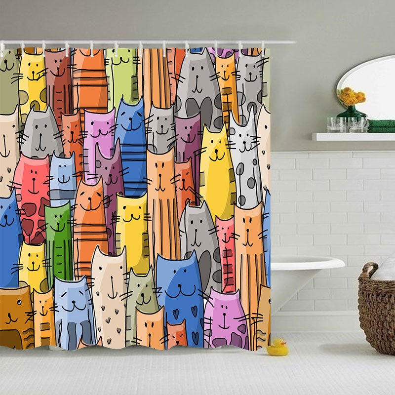 Colorful Cute Cartoon Cat Shower Curtain | Cat Bathrrom Curtain