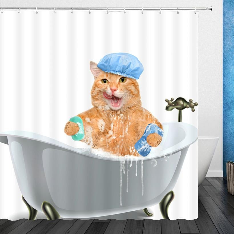 Funny Anthropomorphic Bathing Cat Shower Curtain | Cat Bathing Bathroom Curtain