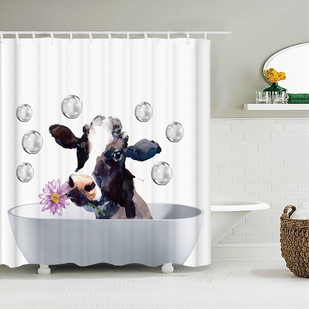 Watercolor Style Purple Sunflower Bathing Cow Shower Curtain | Purple Sunflower Cow Bathroom Curtain