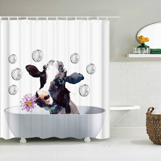 Watercolor Style Purple Sunflower Bathing Cow Shower Curtain | Purple Sunflower Cow Bathroom Curtain