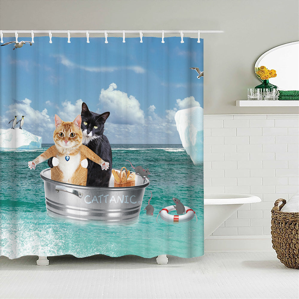 Funny Cattanic Cat Titanic Shower Curtain | Funny Cattanic Bathroom Curtain